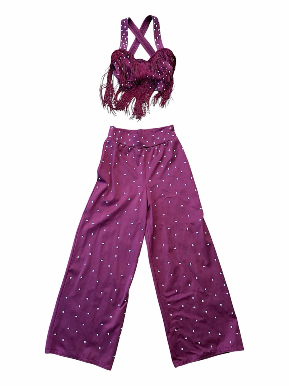 Kelle Burgundy Wide-Leg Pants with Fringe Crop Top Set - Custom Rhinestones